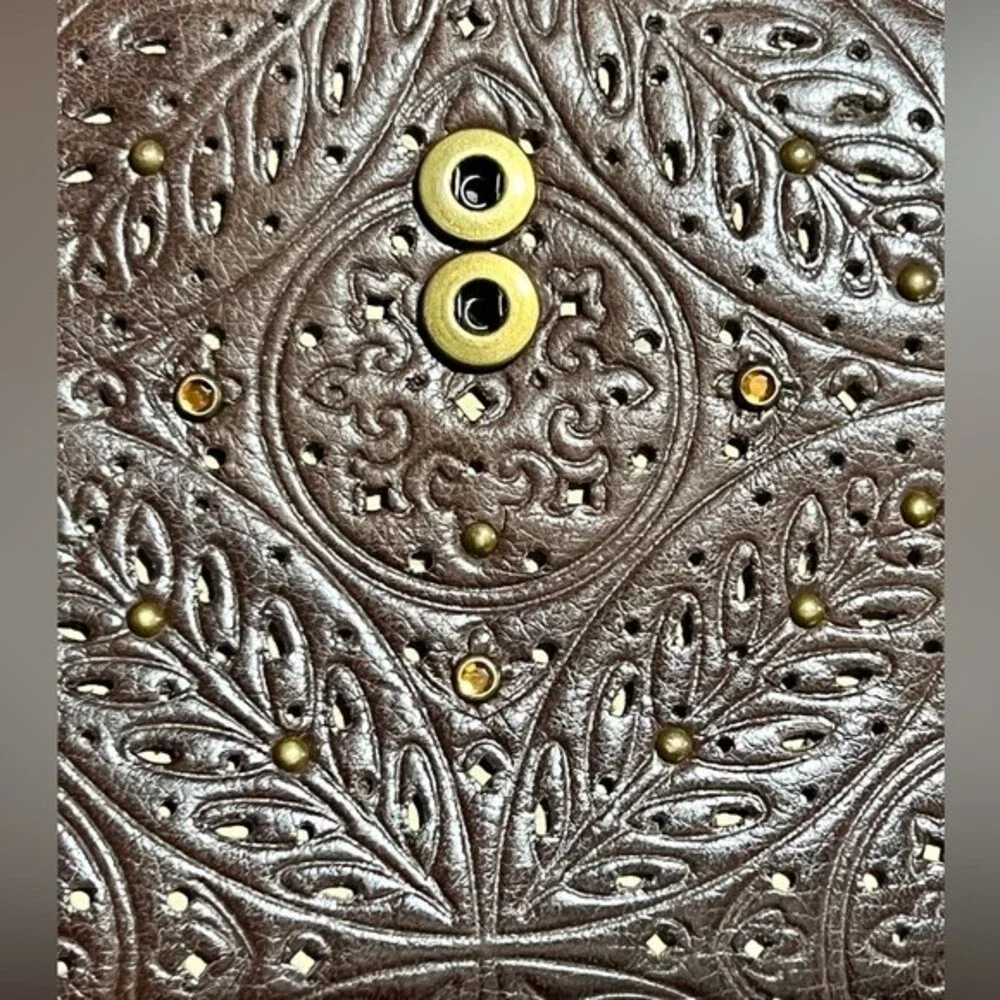 Vintage Brown Leather Wallet Hand Tooled Cut Outs Embellished Tons of slots!